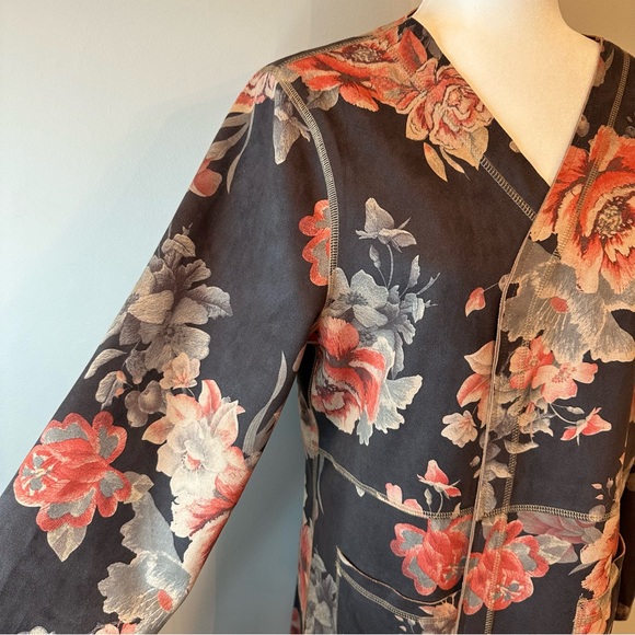 Solitaire Anthropologie Gray Floral Faux Suede Open Front Duster Jacket XL - Picture 6 of 15